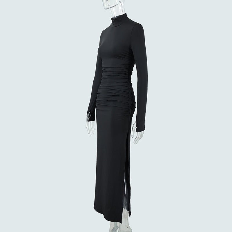 Autumn Long Sleeve Pleated Dress with Sexy Slit at the Hip - TayDiane