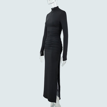 Autumn Long Sleeve Pleated Dress with Sexy Slit at the Hip - TayDiane