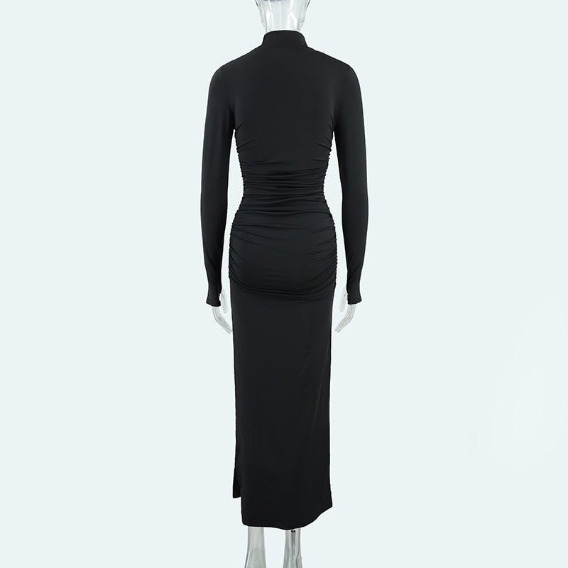 Autumn Long Sleeve Pleated Dress with Sexy Slit at the Hip - TayDiane
