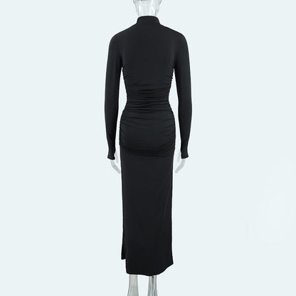 Autumn Long Sleeve Pleated Dress with Sexy Slit at the Hip - TayDiane