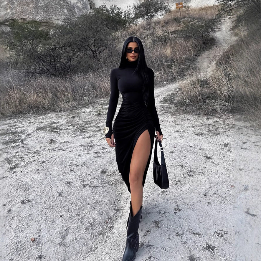 Autumn Long Sleeve Pleated Dress with Sexy Slit at the Hip - TayDiane