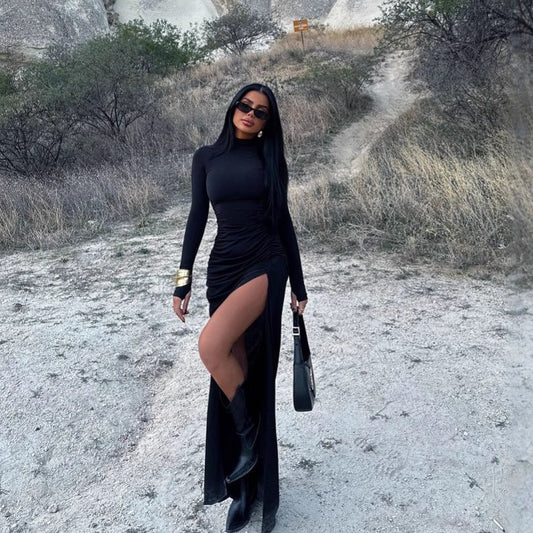 Autumn Long Sleeve Pleated Dress with Sexy Slit at the Hip - TayDiane