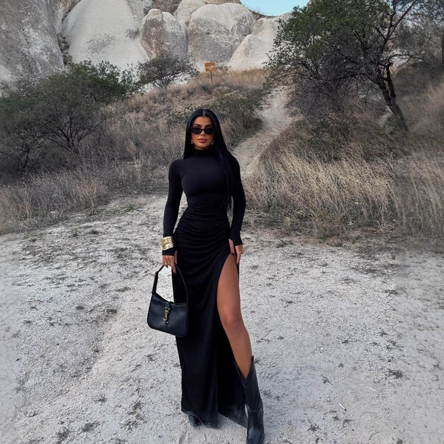 Autumn Long Sleeve Pleated Dress with Sexy Slit at the Hip - TayDiane
