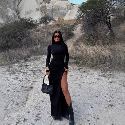 Autumn Long Sleeve Pleated Dress with Sexy Slit at the Hip - TayDiane