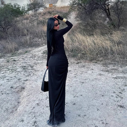 Autumn Long Sleeve Pleated Dress with Sexy Slit at the Hip - TayDiane