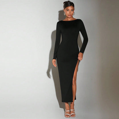 Autumn Sexy Midi Dress with Round Neck and Bare Back Design - TayDiane