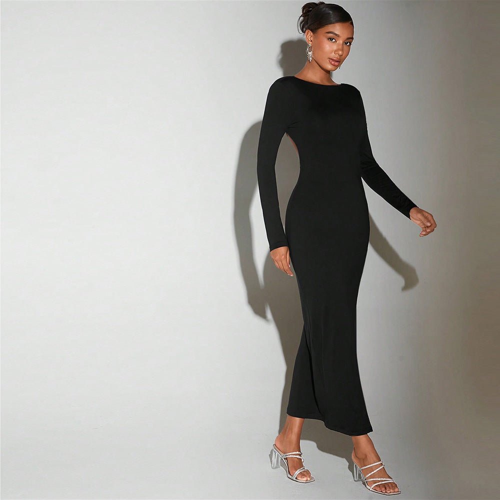 Autumn Sexy Midi Dress with Round Neck and Bare Back Design - TayDiane