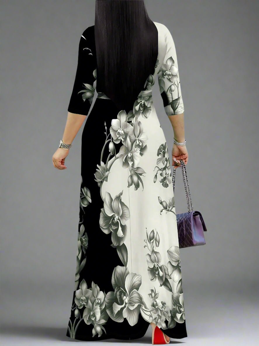 Autumn V - Neck Half - Sleeve Maxi Dress. - TayDiane