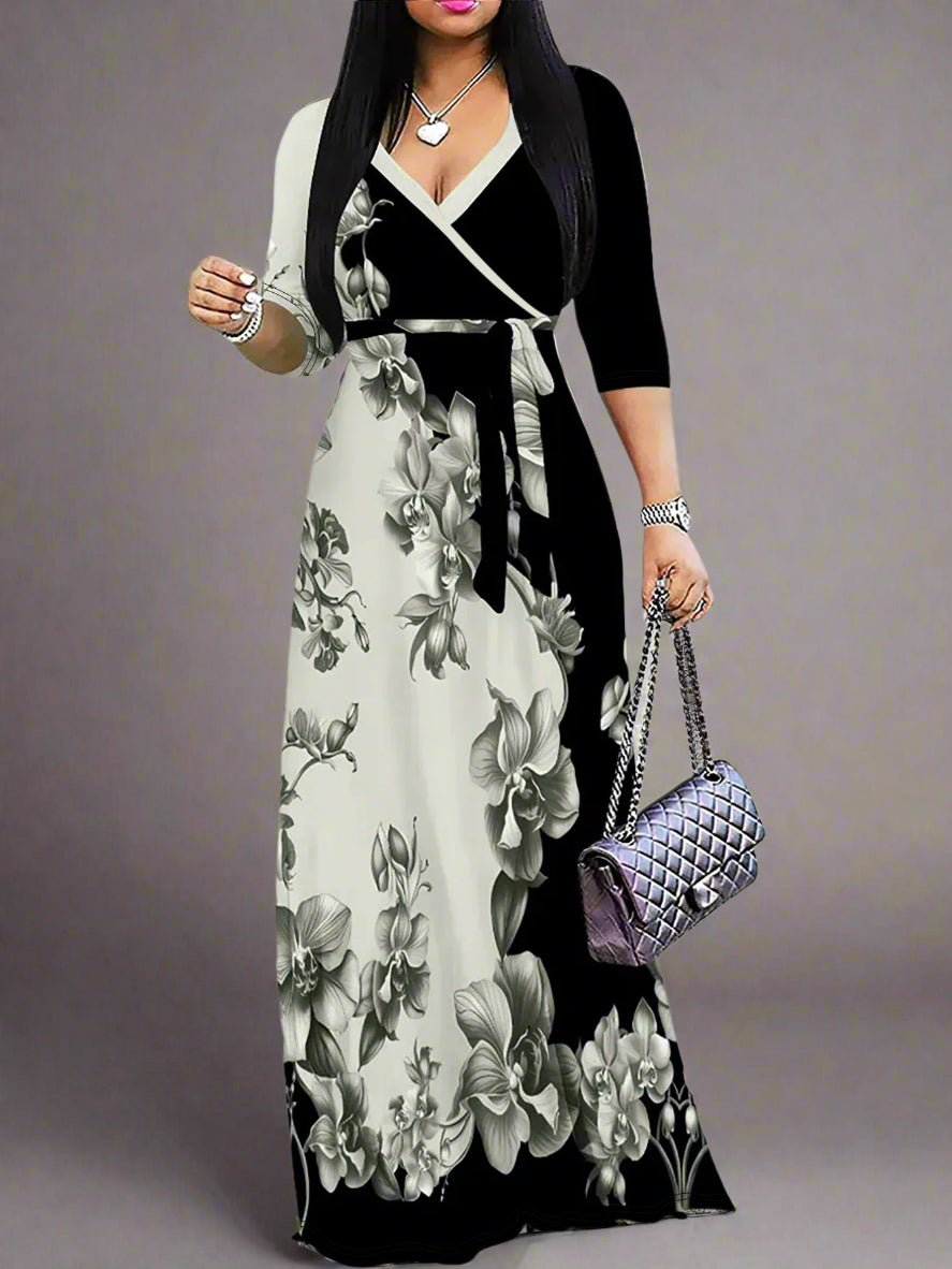 Autumn V - Neck Half - Sleeve Maxi Dress. - TayDiane