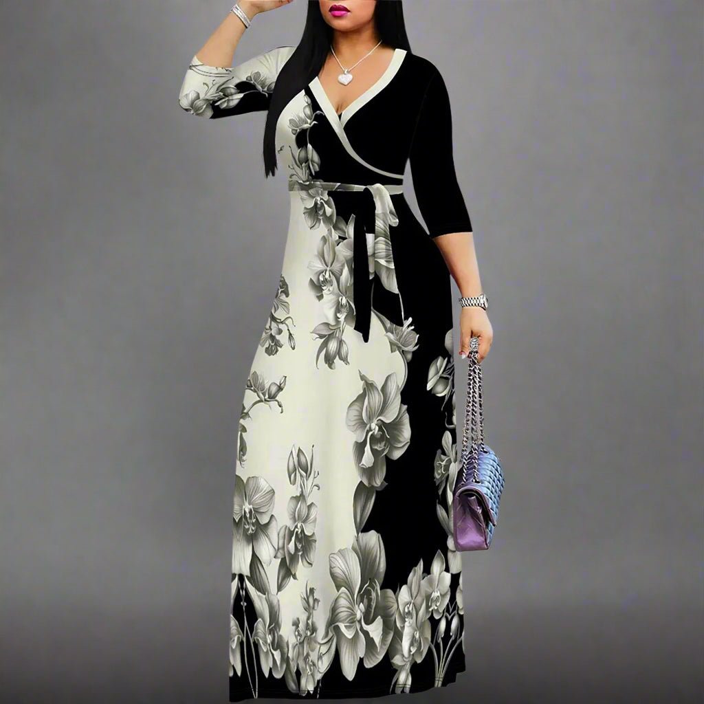 Autumn V - Neck Half - Sleeve Maxi Dress. - TayDiane