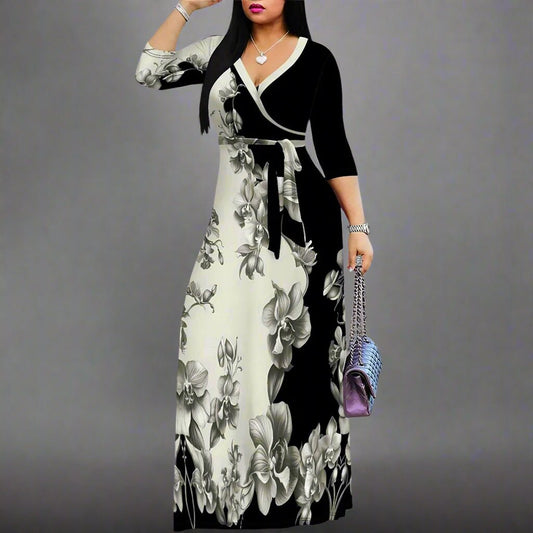 Autumn V - Neck Half - Sleeve Maxi Dress. - TayDiane