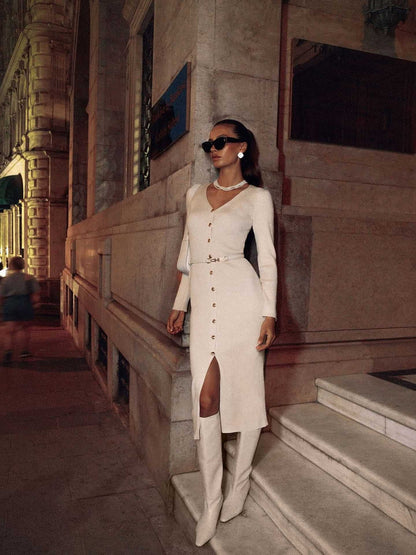 Autumn Winter Long Sleeve Knitted Dress Button Split Russia Hip Wrapped Sweater Cardigan Dress No Belt - TayDiane