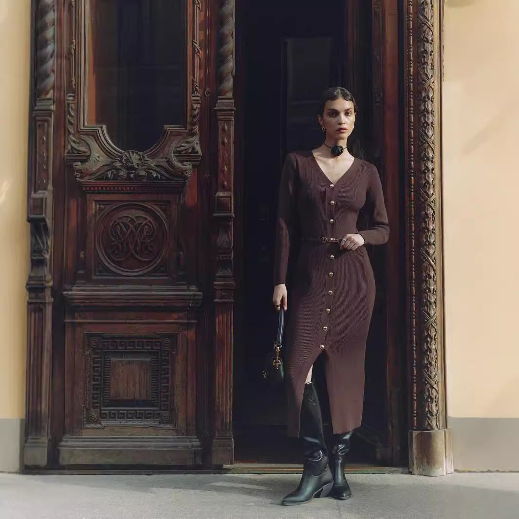 Autumn Winter Long Sleeve Knitted Dress Button Split Russia Hip Wrapped Sweater Cardigan Dress No Belt - TayDiane