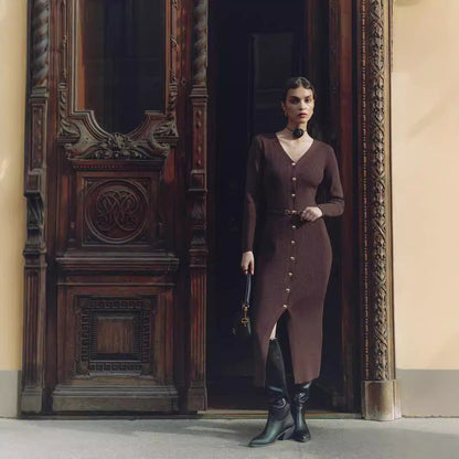 Autumn Winter Long Sleeve Knitted Dress Button Split Russia Hip Wrapped Sweater Cardigan Dress No Belt - TayDiane