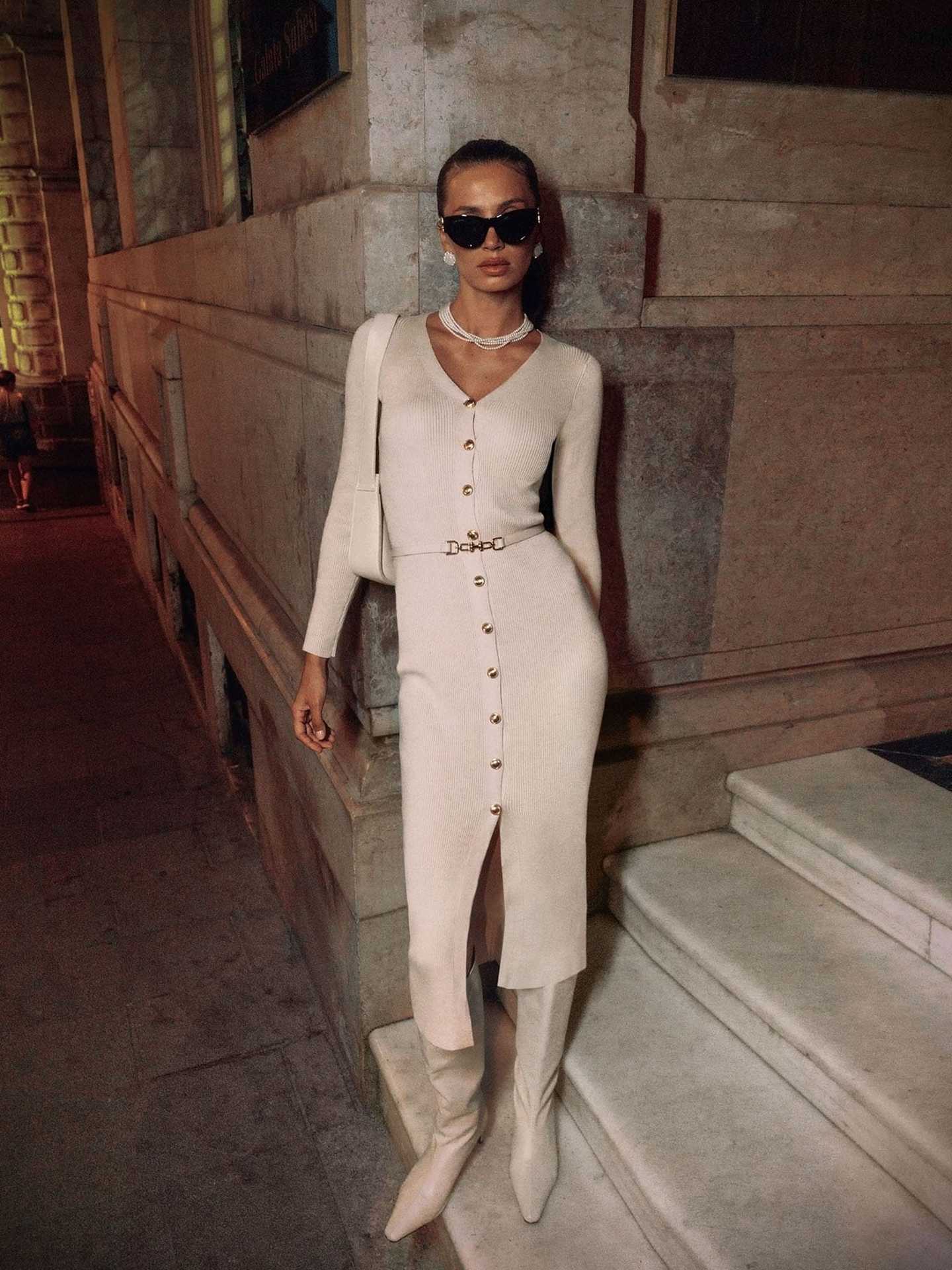 Autumn Winter Long Sleeve Knitted Dress Button Split Russia Hip Wrapped Sweater Cardigan Dress No Belt - TayDiane