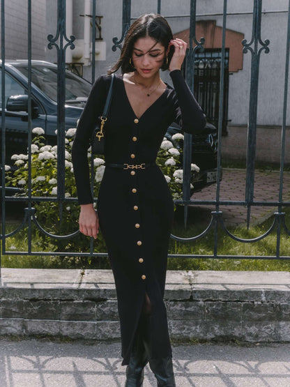 Autumn Winter Long Sleeve Knitted Dress Button Split Russia Hip Wrapped Sweater Cardigan Dress No Belt - TayDiane