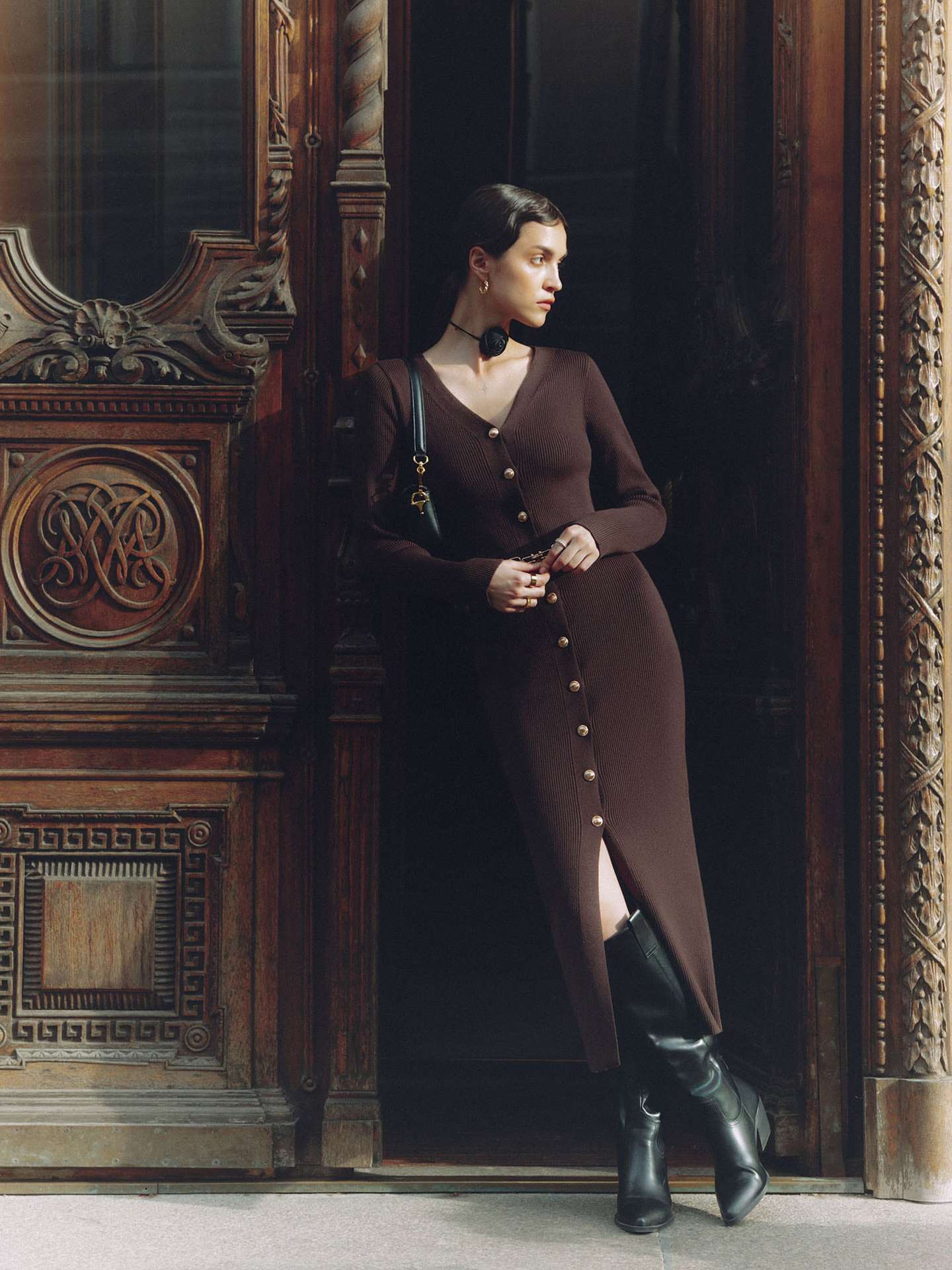 Autumn Winter Long Sleeve Knitted Dress Button Split Russia Hip Wrapped Sweater Cardigan Dress No Belt - TayDiane