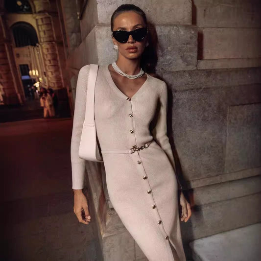 Autumn Winter Long Sleeve Knitted Dress Button Split Russia Hip Wrapped Sweater Cardigan Dress No Belt - TayDiane