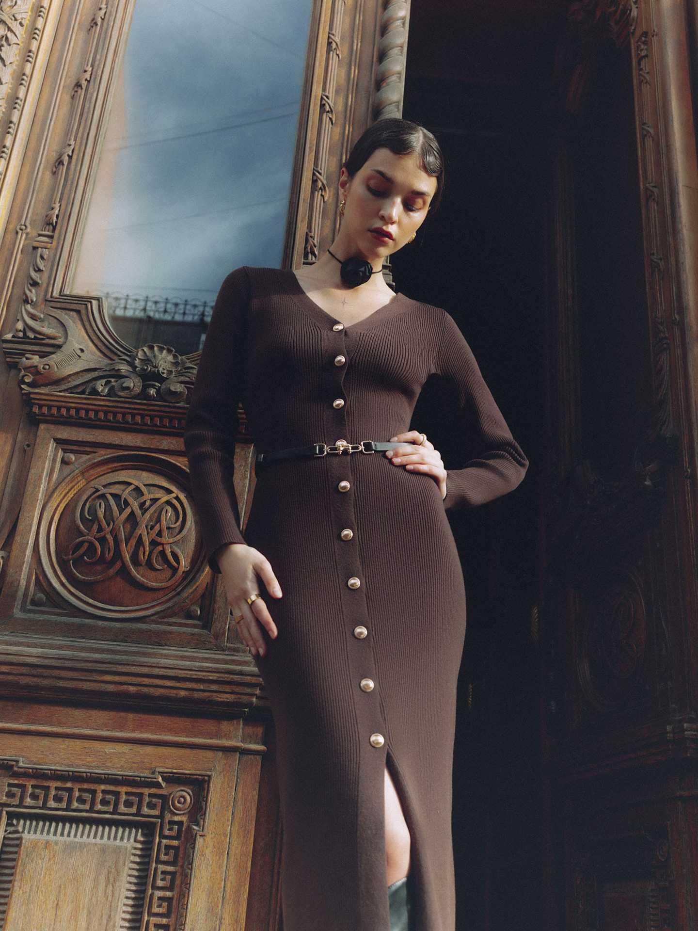 Autumn Winter Long Sleeve Knitted Dress Button Split Russia Hip Wrapped Sweater Cardigan Dress No Belt - TayDiane