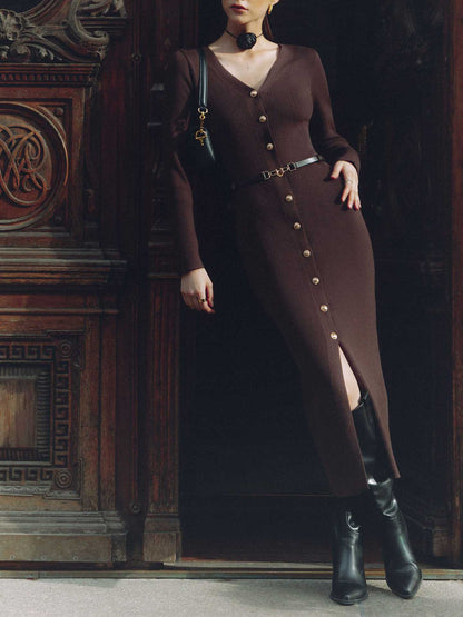 Autumn Winter Long Sleeve Knitted Dress Button Split Russia Hip Wrapped Sweater Cardigan Dress No Belt - TayDiane