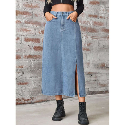 Slit High Waist Denim Skirt with Pockets