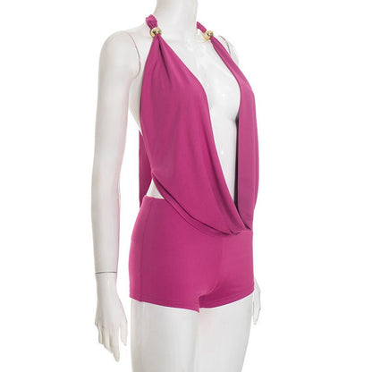Backless Cowl Neck Halter Romper - Taydiane