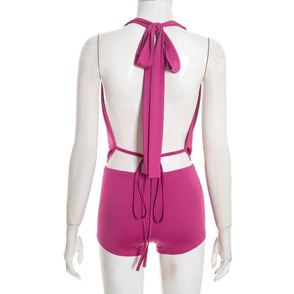 Backless Cowl Neck Halter Romper - Taydiane
