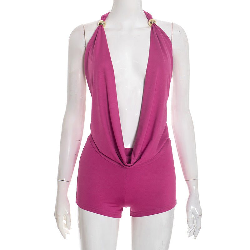 Backless Cowl Neck Halter Romper - Taydiane