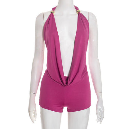 Backless Cowl Neck Halter Romper - Taydiane