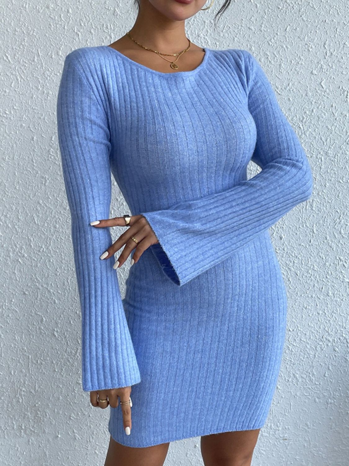 Backless Round Neck Long Sleeve Sweater Dress - TayDiane