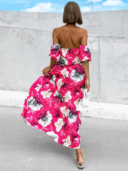 Pleated Floral Off-Shoulder Maxi  Dress