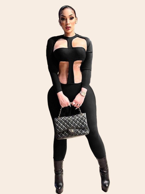 Black Cut - Out Long Sleeve Jumpsuit - TayDiane