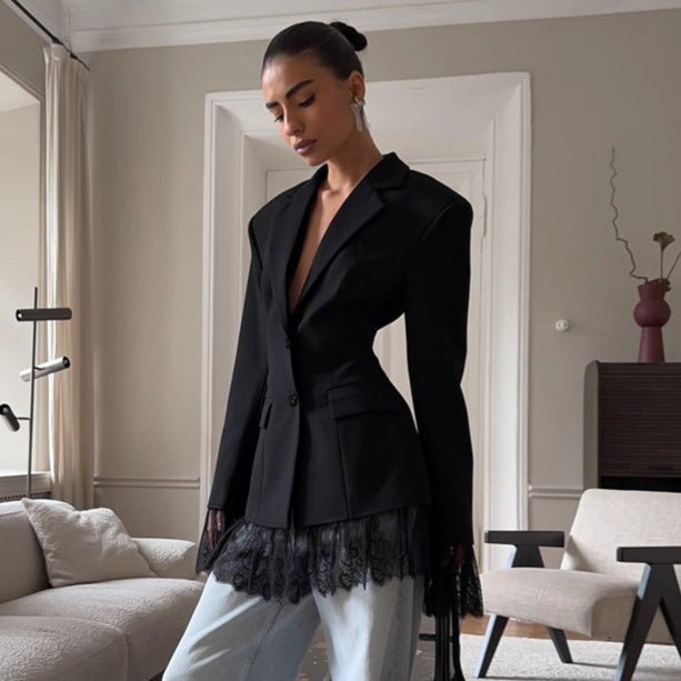 Black Lace - Trim Tailored Blazer - TayDiane