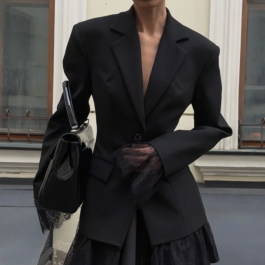 Black Lace - Trim Tailored Blazer - TayDiane