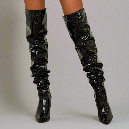 Black Patent Leather Thigh - High Slouch Boots - TayDiane