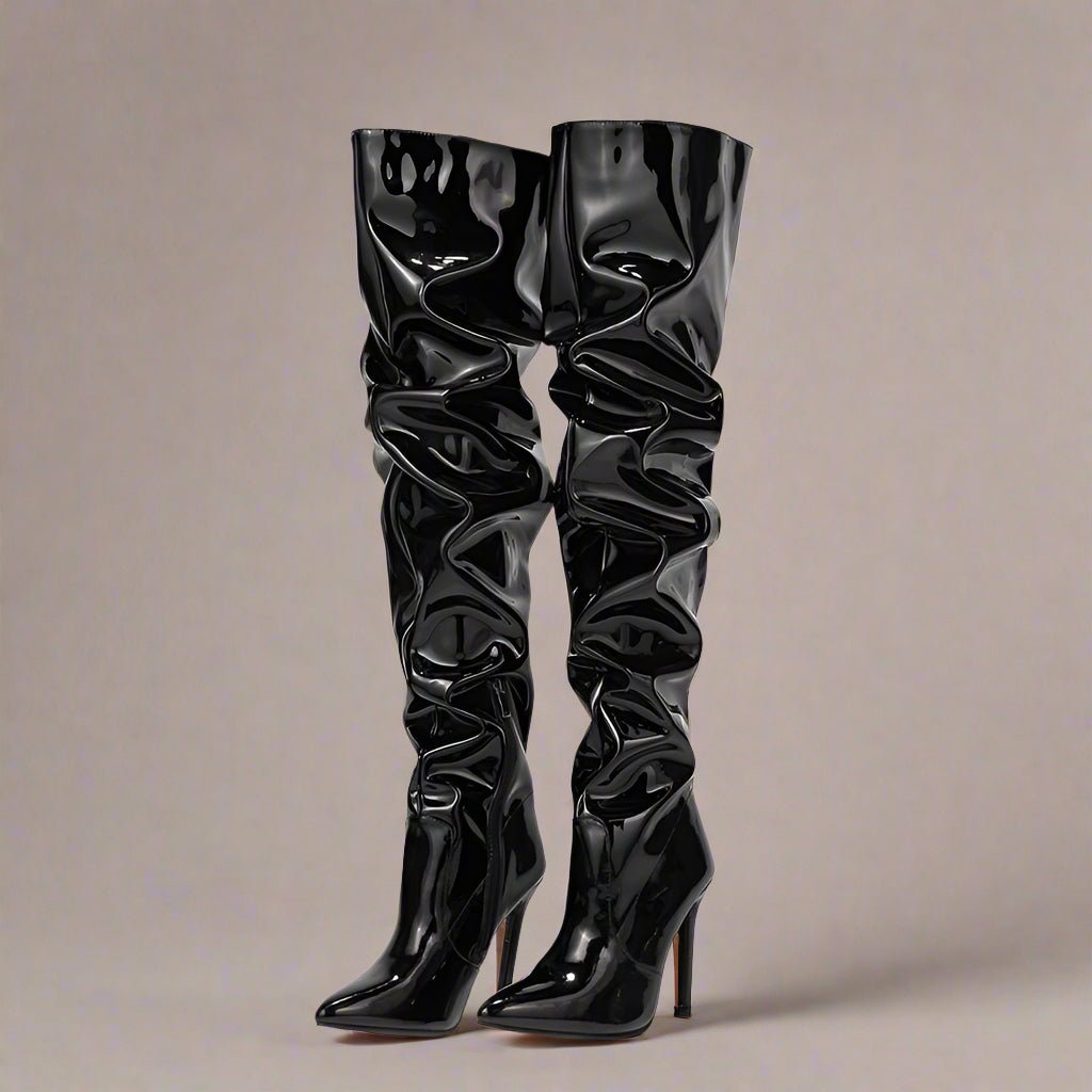 Black Patent Leather Thigh - High Slouch Boots - TayDiane