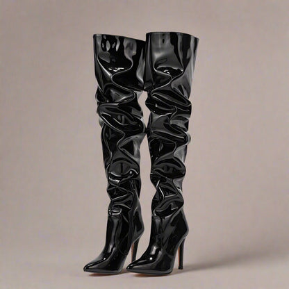 Black Patent Leather Thigh - High Slouch Boots - TayDiane