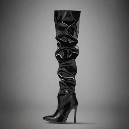 Black Patent Leather Thigh - High Slouch Boots - TayDiane