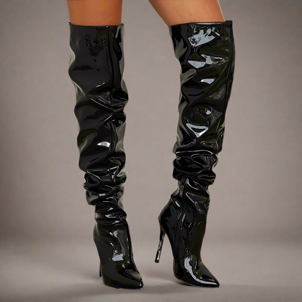 Black Patent Leather Thigh - High Slouch Boots - TayDiane