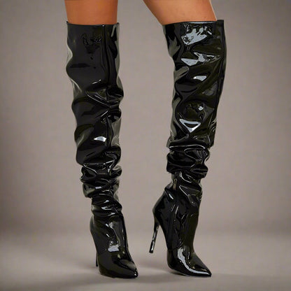 Black Patent Leather Thigh - High Slouch Boots - TayDiane