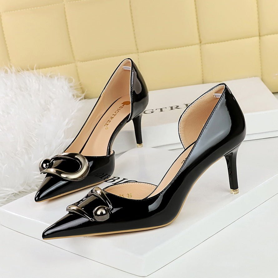 Black Patent Pointed - Toe Heels with Metallic Buckle - TayDiane