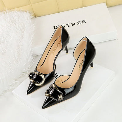 Black Patent Pointed - Toe Heels with Metallic Buckle - TayDiane