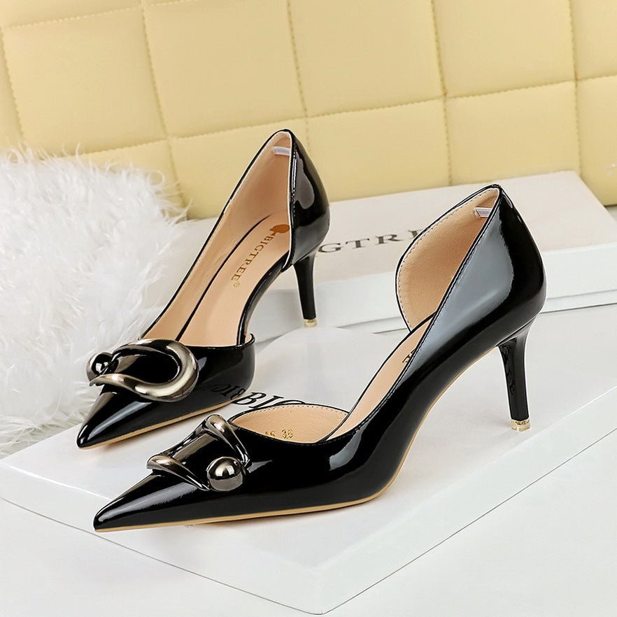 Black Patent Pointed - Toe Heels with Metallic Buckle - TayDiane