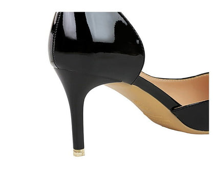 Black Patent Pointed - Toe Heels with Metallic Buckle - TayDiane