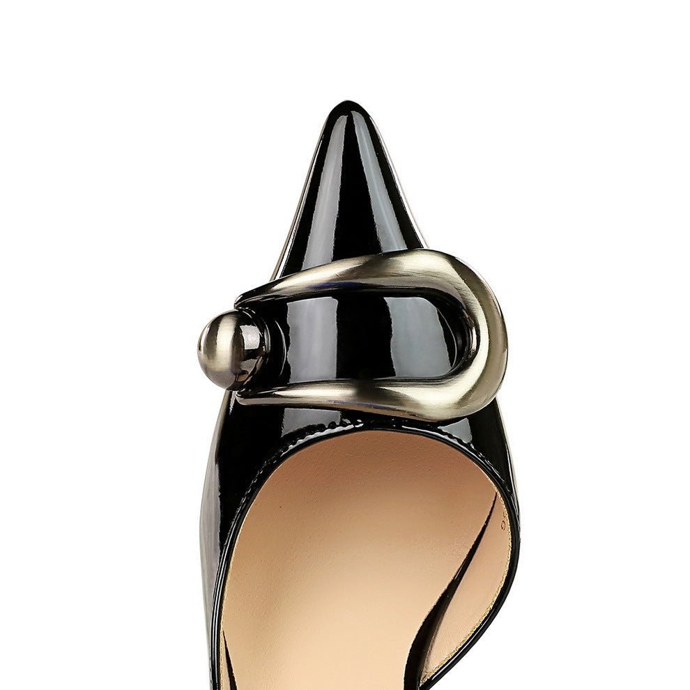 Black Patent Pointed - Toe Heels with Metallic Buckle - TayDiane