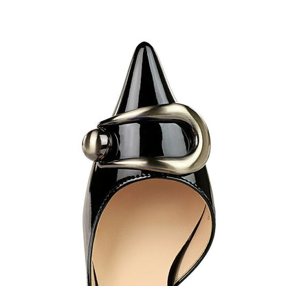 Black Patent Pointed - Toe Heels with Metallic Buckle - TayDiane