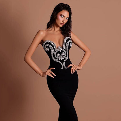 Black Strapless Embellished Evening Gown - TayDiane