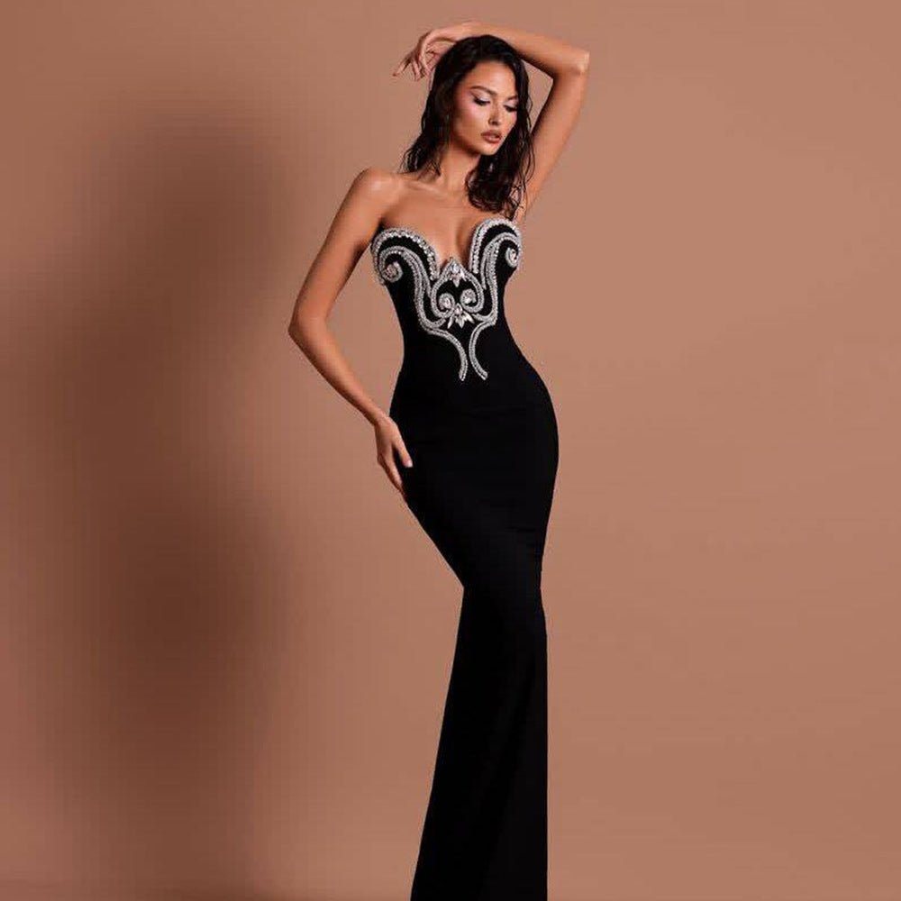Black Strapless Embellished Evening Gown - TayDiane