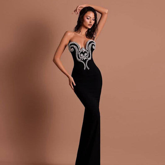 Black Strapless Embellished Evening Gown - TayDiane