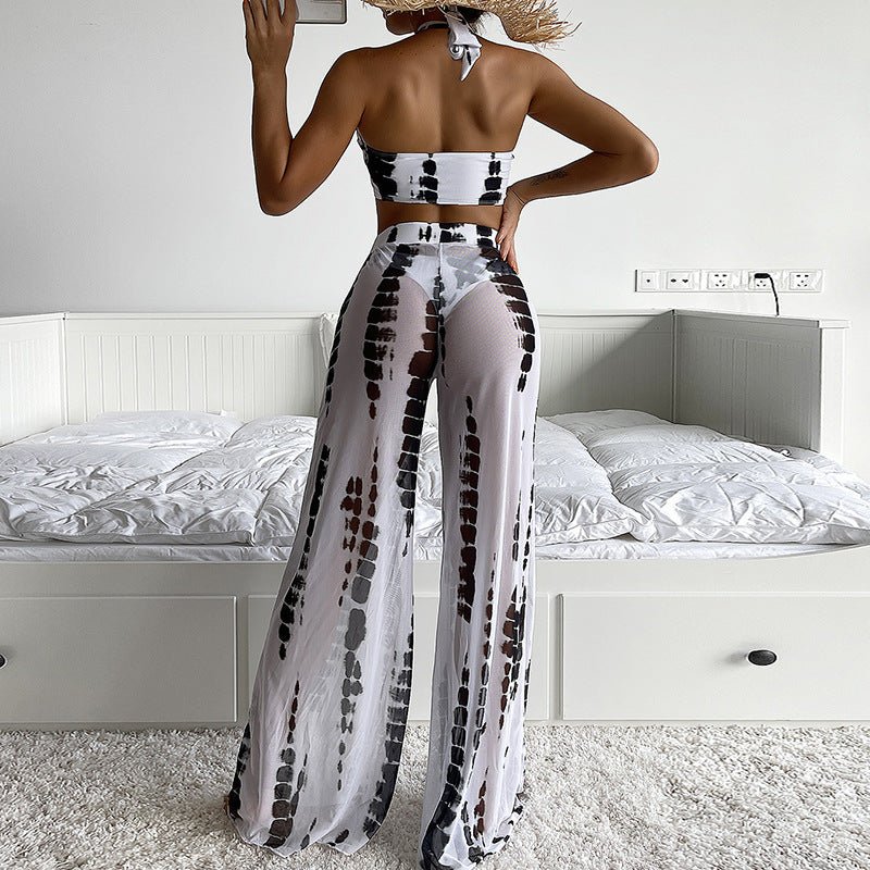 Black & White Halter Three - Piece Vacation Pant Set - Taydiane
